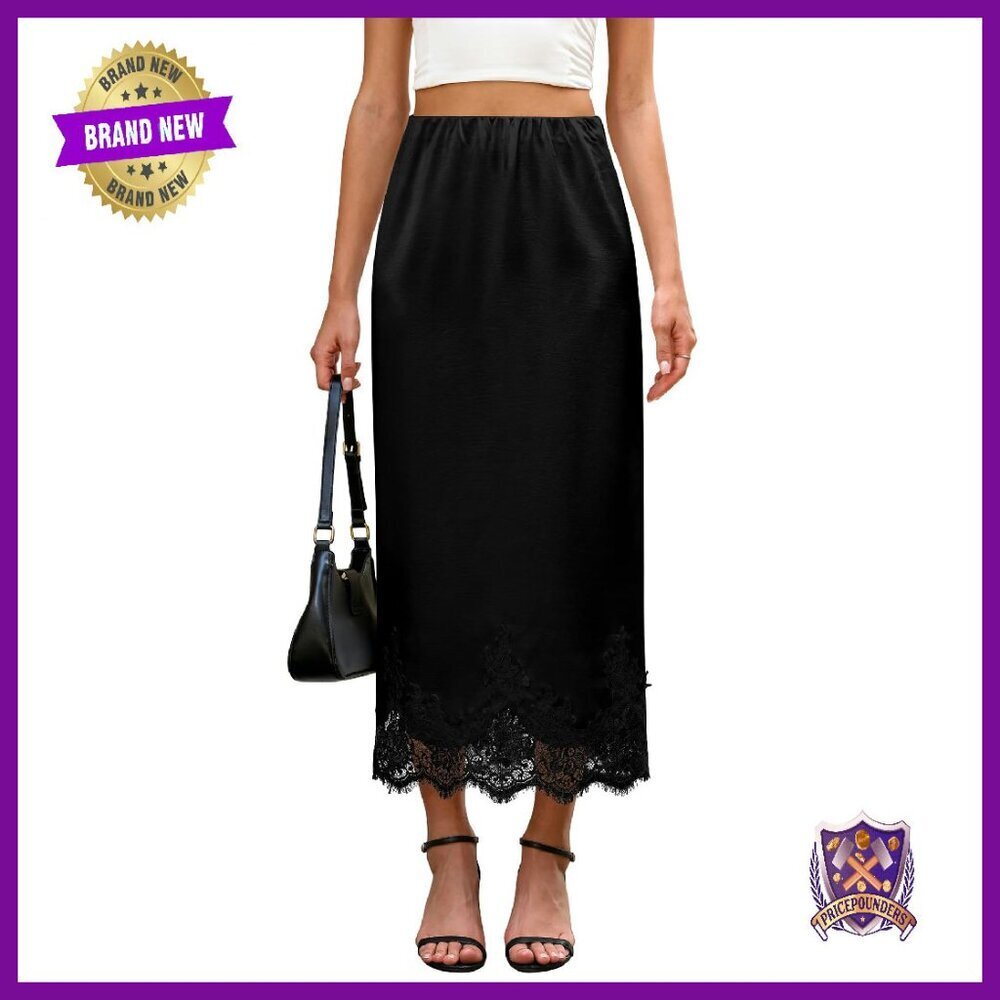 Satin Maxi Skirt A-Line High Waist Elastic Midi Lace Trim